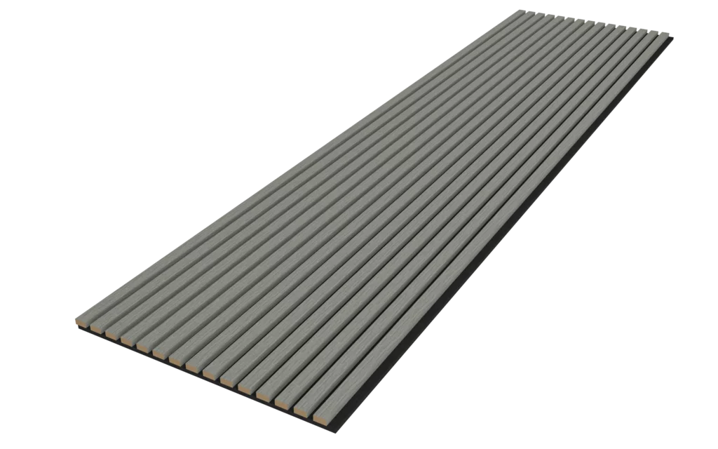 De Akupanel Eiken Grijs 270 x 60 cm Lattenwand is een vlak, rechthoekig grijs akoestisch wandpaneel met gelijkmatig verdeelde verticale groeven, ideaal voor decoratieve of architecturale wand- en plafondtoepassingen.