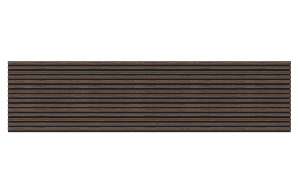 Akupanel Eiken Dark Walnoot 270 x 60 cm lattenwand akoestische wandpanelen met rechthoekig ontwerp en afwisselende horizontale donkere walnoot latten en smalle zwarte openingen voor een gestreept effect.