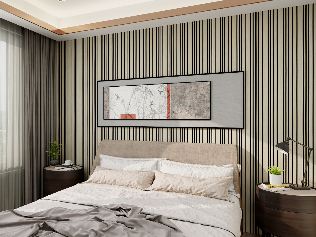 Moderne slaapkamer met een beige gestoffeerd bed, wit en grijs beddengoed, gestreept behang, ronde nachtkastjes met lampen en planten, en een groot Rosenwood Akupanel Akoestische Wandpanelen (270x60 cm, natuurlijke eiken) boven het bed.