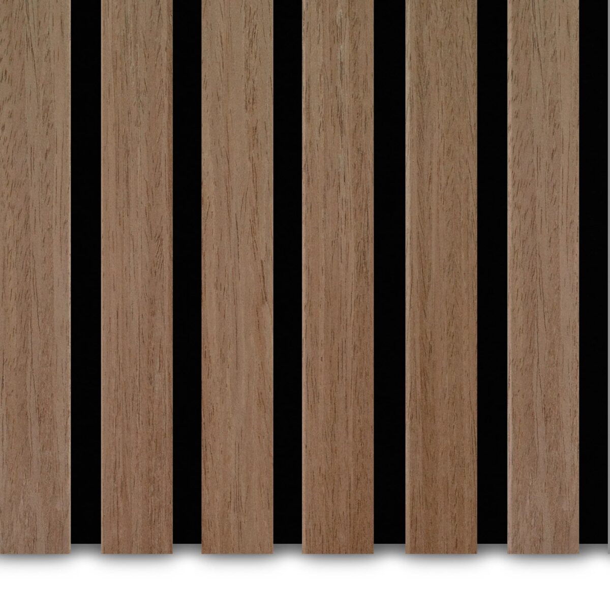 Close-up van Akupanel Eiken Mokka 60 x 60 cm akoestische wandpanelen: verticale houten latten met een natuurlijke bruine afwerking, gelijkmatig verdeeld met zwarte tussenruimtes voor een moderne, minimalistische look.