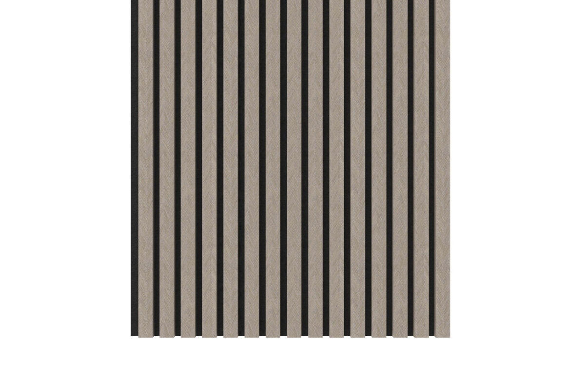 De Rosenwood Akupanel Monza Visgraat Visgraat 270 x 60 cm Lattenwand Akoestische wandpanelen hebben parallelle houten latten in een gestreept licht en donker patroon, die het grootste deel van een witte achtergrond bedekken.