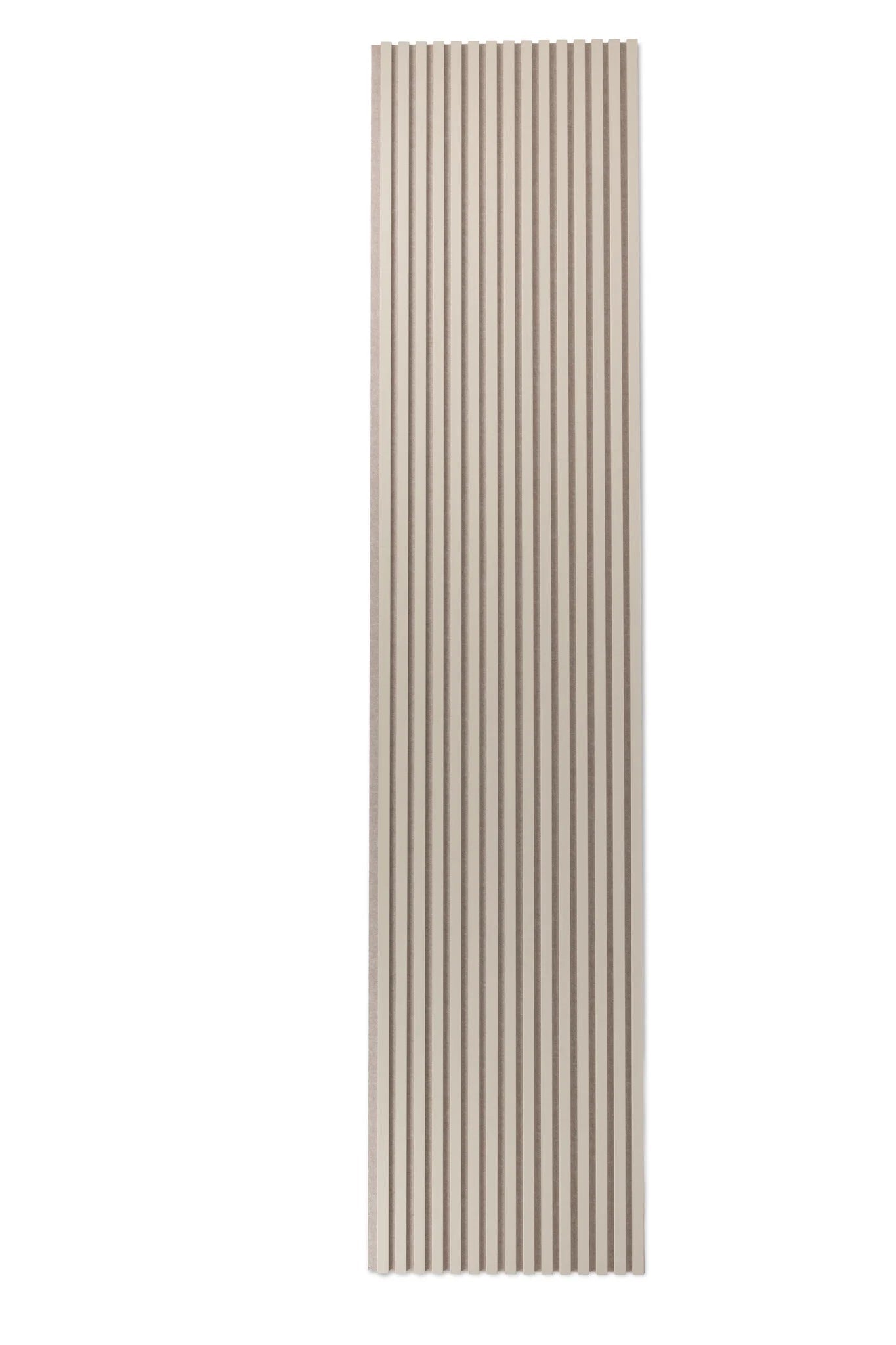 De Rosenwood Akupanel Beige op Beige 270 x 60 cm Lattenwand Akoestische Wandpanelen heeft een rechthoekig beige ontwerp met gelijkmatig verdeelde verticale ribbels voor een gestructureerde, gestreepte look.