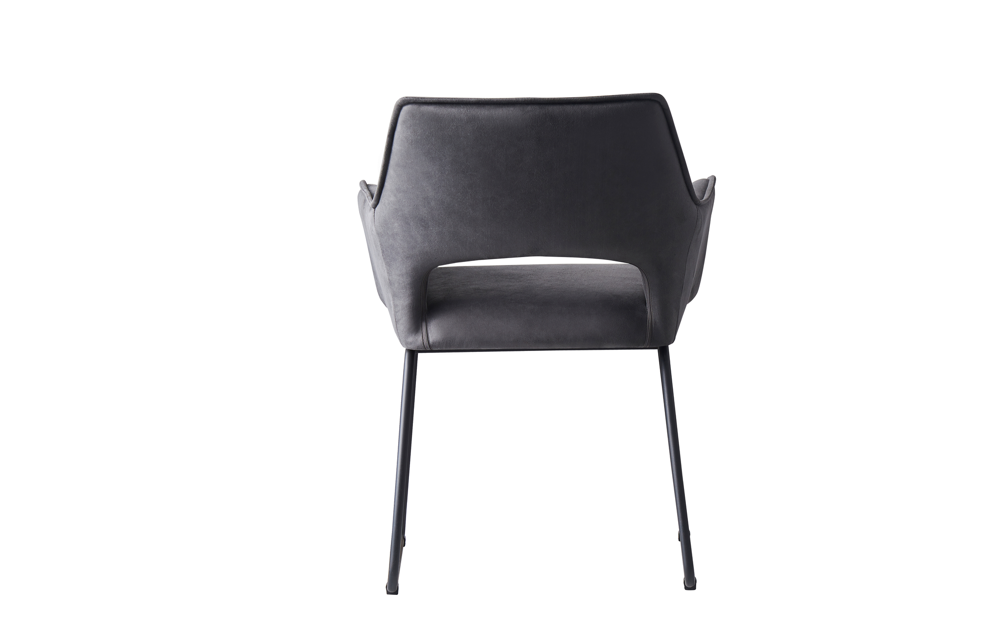 De Stoel Mike New York Antraciet is een moderne grijs gestoffeerde stoel met metalen poten, met een strak ontwerp, een licht gebogen rugleuning en een rechthoekige uitsparing bij de zitting, van achteren gezien tegen een witte achtergrond.