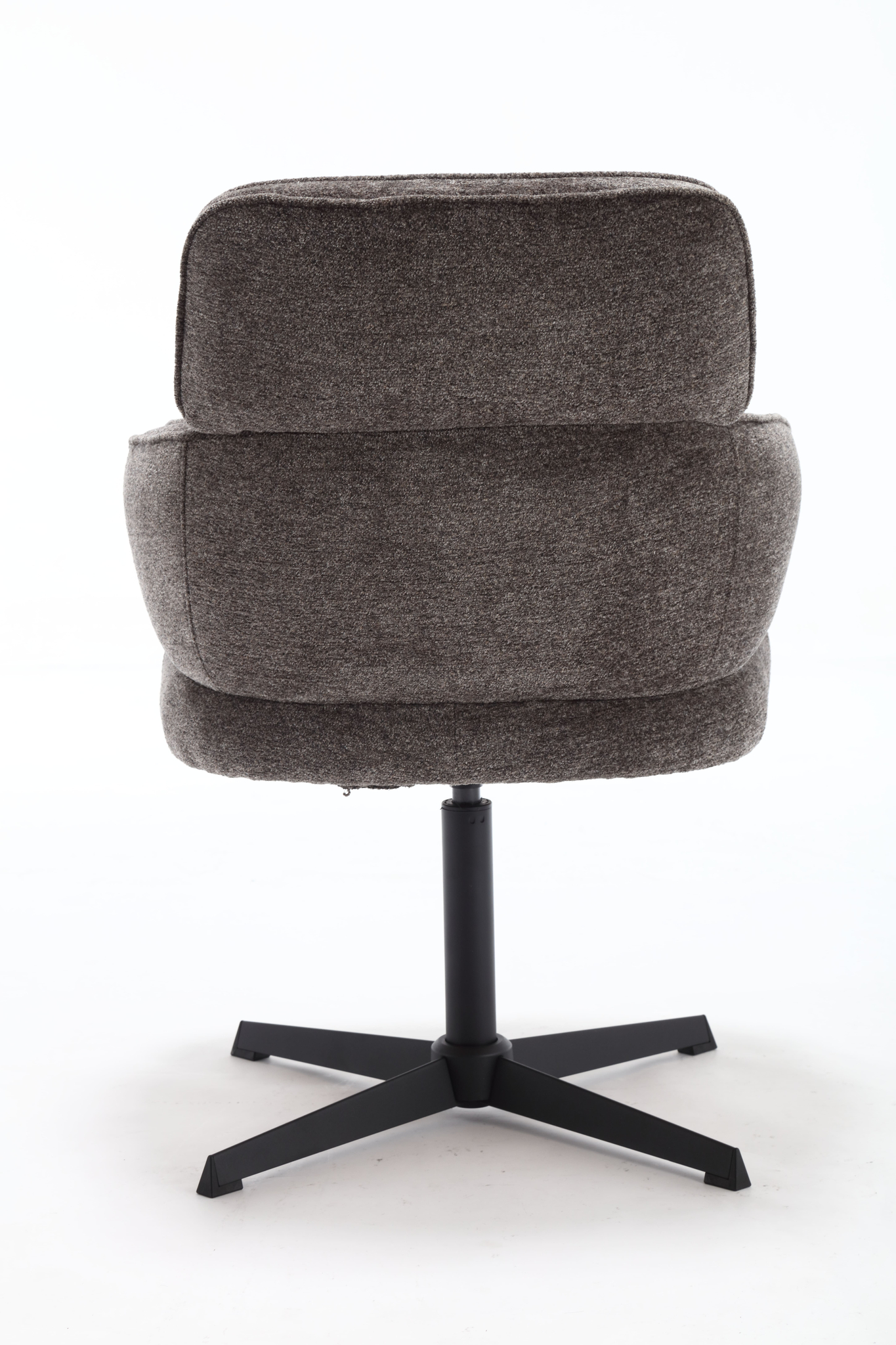 De Stoel July Picasso Charcoal Grey 9302 is een grijs gestoffeerde bureaustoel met een rugleuning met kussens, van achteren gezien, en heeft een zwart vijfpuntig metalen onderstel tegen een witte achtergrond.