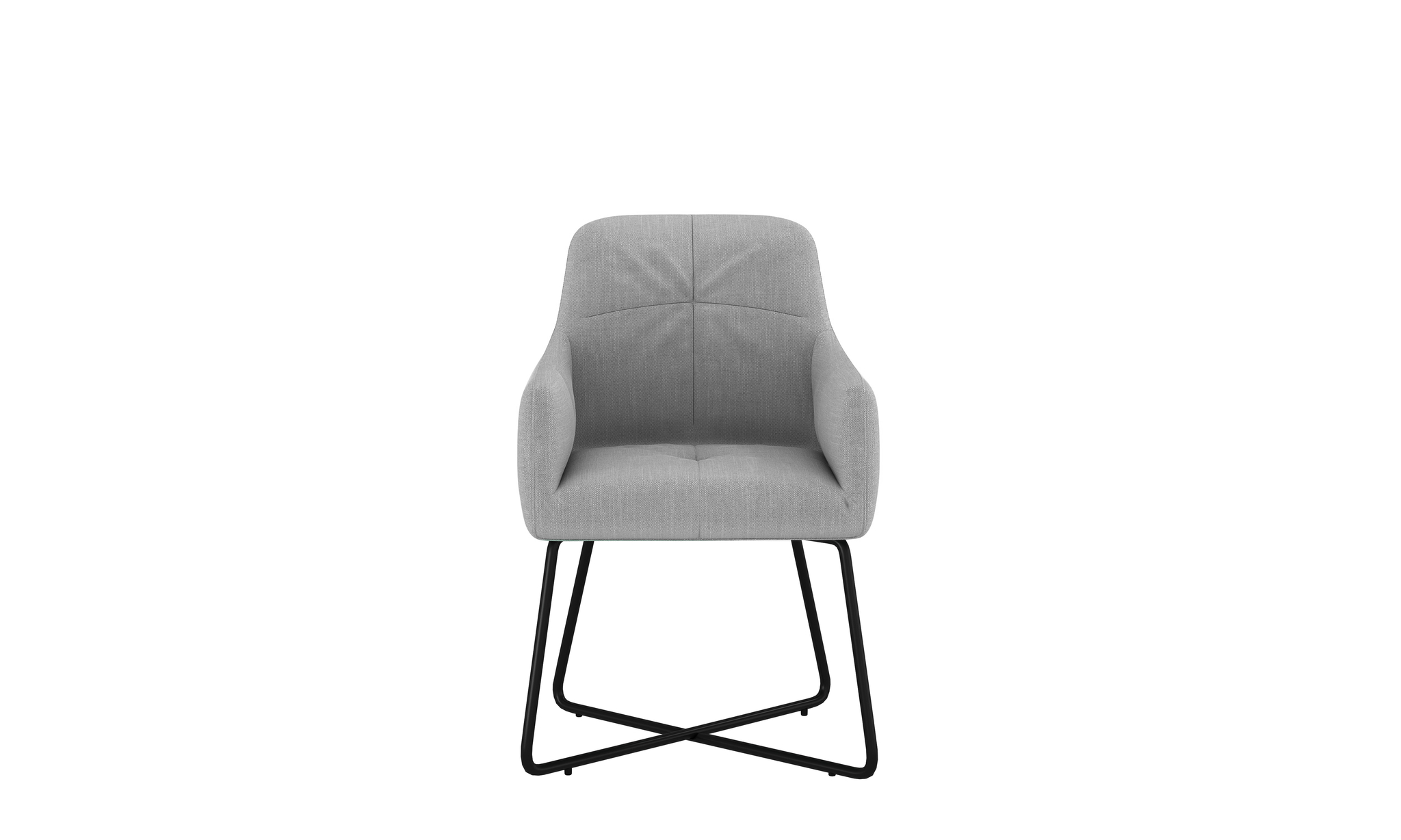De Stoel Arne Bjorn Fabric Light Grey fauteuil heeft een lichtgrijze bekleding, een licht gebogen rugleuning, schuin geplaatste armen en zwarte metalen X-vormige sledepoten, tegen een witte achtergrond.