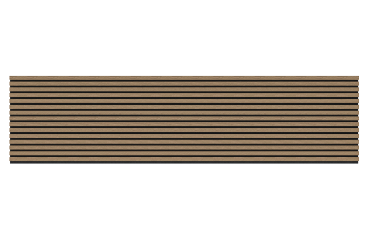 Het Akupanel Eiken Mokka 270 x 60 cm Lattenwand Akoestische wandpanelen is een rechthoekig paneel met gelijkmatig verdeelde horizontale zwarte latten en lichtbruine houten strips in een gestreept patroon op een transparante achtergrond.