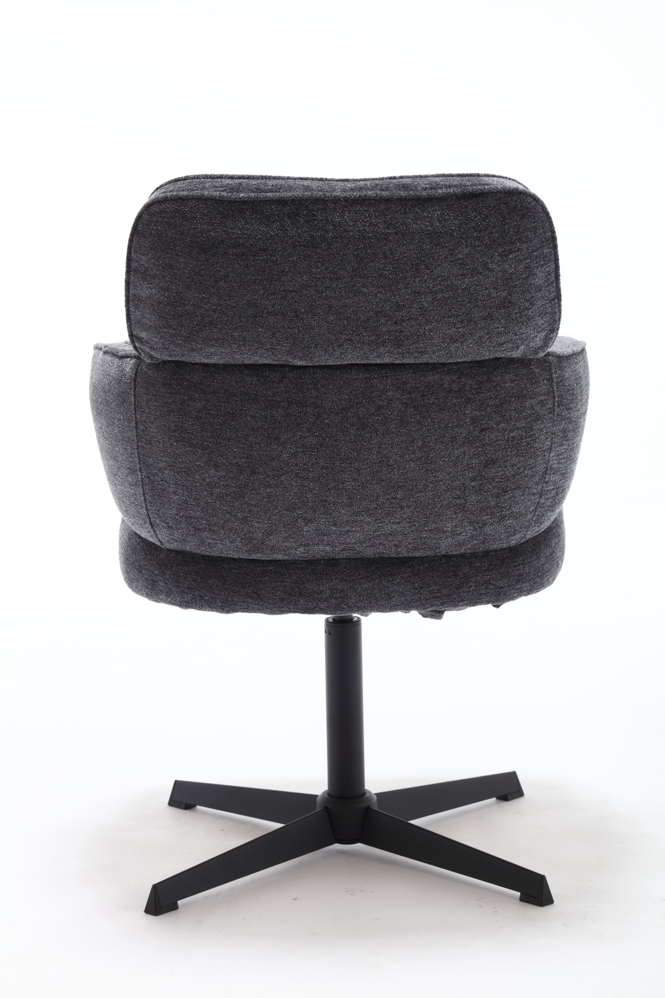 De Stoel Max Picasso Eifel Tower is een moderne, donkergrijs gestoffeerde bureaustoel met een gecapitonneerde rugleuning en een zwart metalen onderstel, van achteren gezien tegen een witte achtergrond.