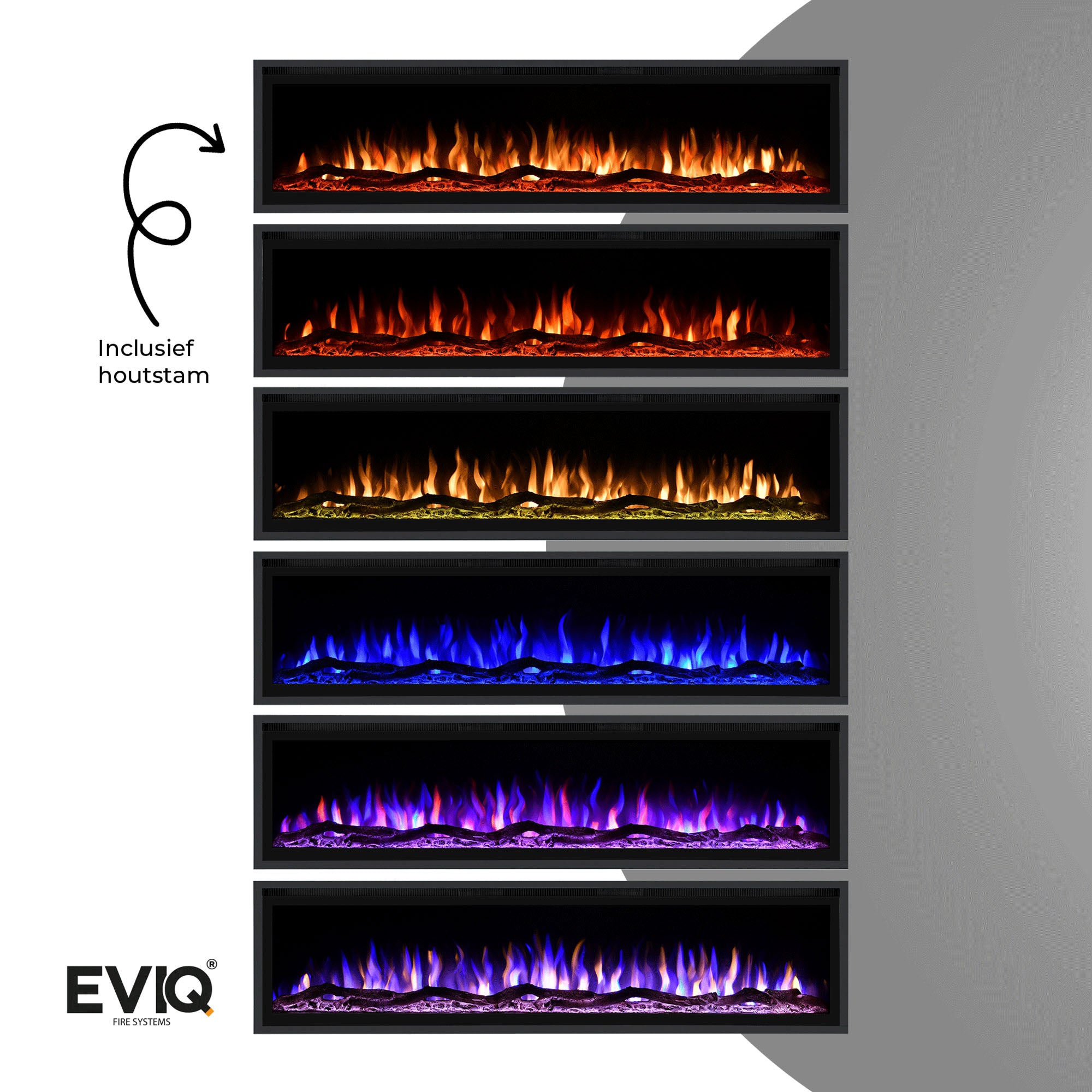 Vijf Elektrische sfeerhaarden Royal Paris - Inbouwhaard tonen vlammen in oranje, geel, groen, blauw en paars. Het logo van EVIQ Fire Systems verschijnt linksonder. De tekst luidt: Inclusief houtstam.
