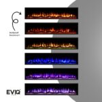 Zes Elektrische sfeerhaarden Deluxe - Inbouwhaard worden getoond, elk met een unieke vlamkleur (geel, oranje, rood, blauw, paars en blauwpaars), naast Nederlandse tekst en het EVIQ Fire Systems logo op een witte en grijze achtergrond.