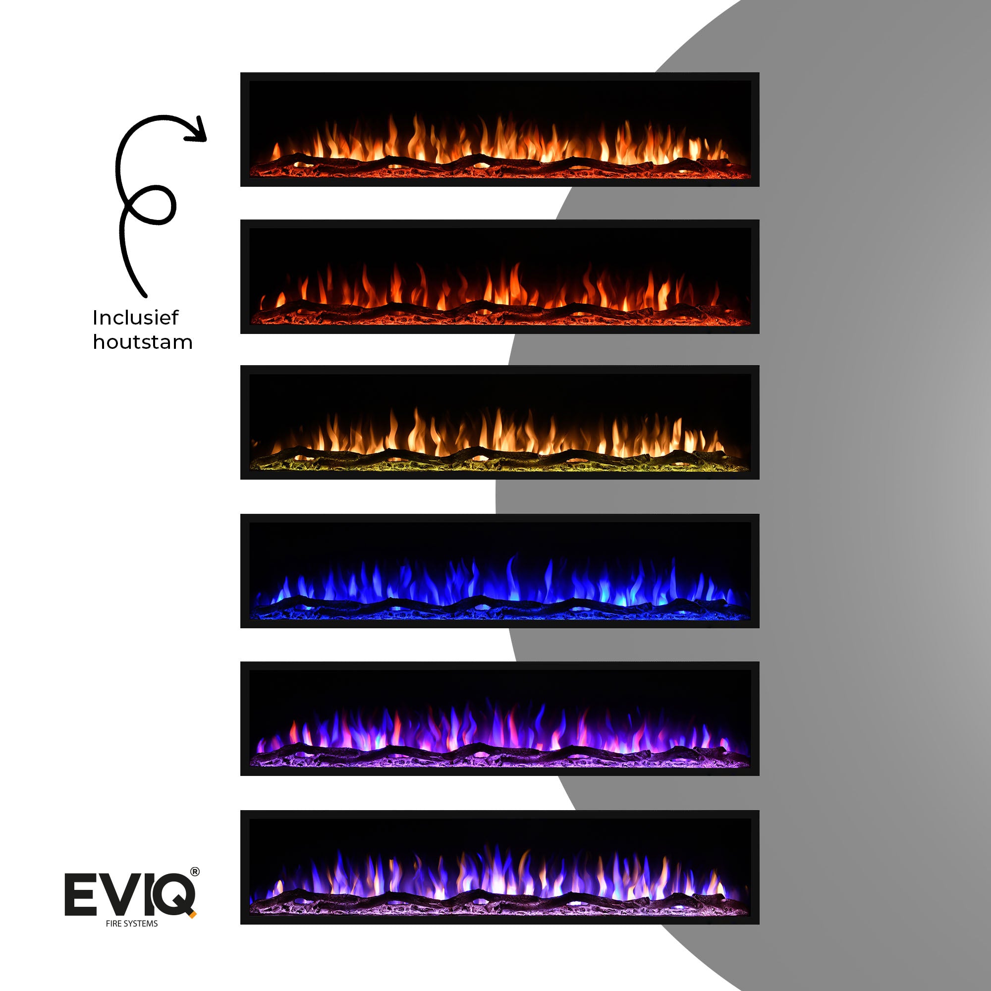 Er worden zes rechthoekige Elektrische sfeerhaarden Deluxe - Inbouwhaard getoond, elk met gele, oranje, rode, groenblauwe, blauwe of paarse vlammen. Een pijl met Nederlandse tekst staat links; het EVIQ logo staat linksonder.