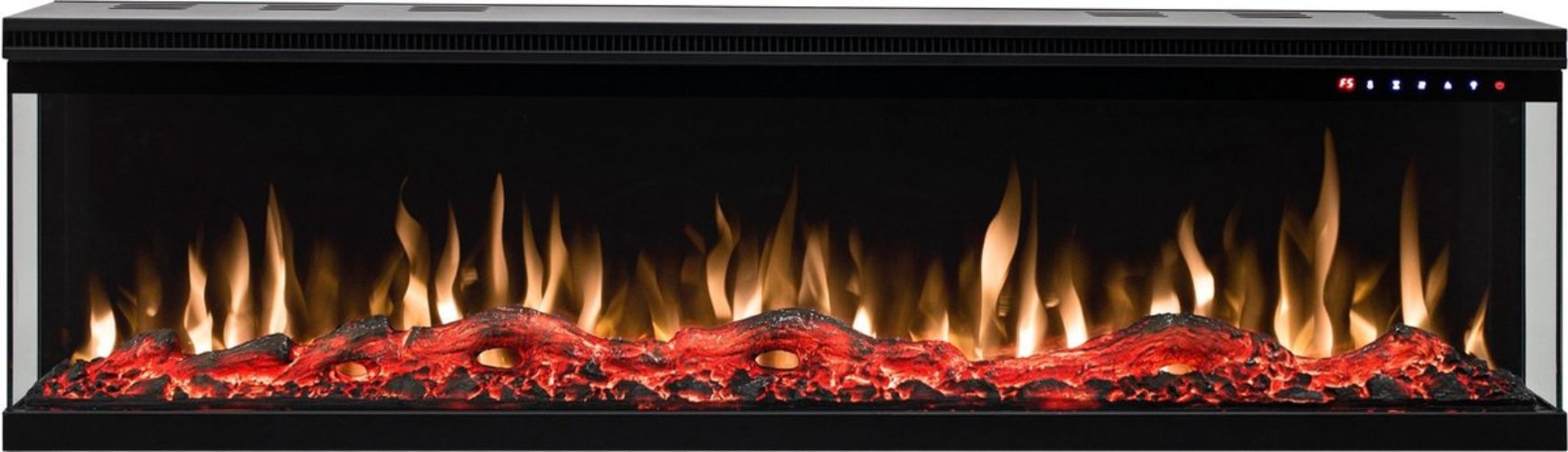 De Elektrische sfeerhaard Platina 3D is een 254 cm brede, 3-zijdige moderne elektrische haard met realistisch gloeiende sintels en oranje-gele vlammen achter glas in een strak zwart rechthoekig frame met bedieningsknoppen rechtsboven.