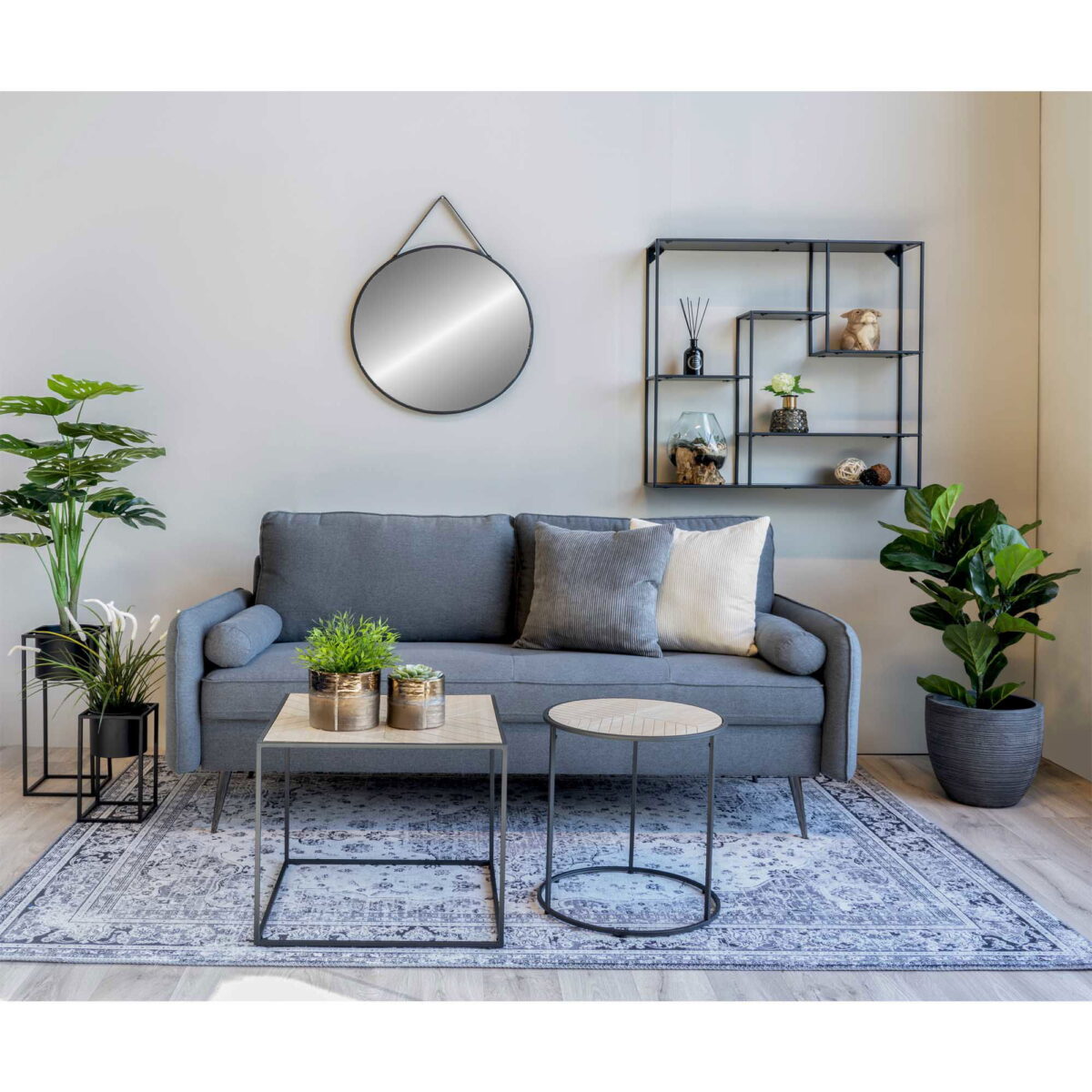 Moderne woonkamer met een grijze bank, decoratieve kussens, twee tafeltjes met potplanten, een vloerkleed met patroon, wandplanken, grote bladplanten in de hoek en de Trapani Mirror-zwart stalen frame en PU-band (Ø60 cm) aan de muur.