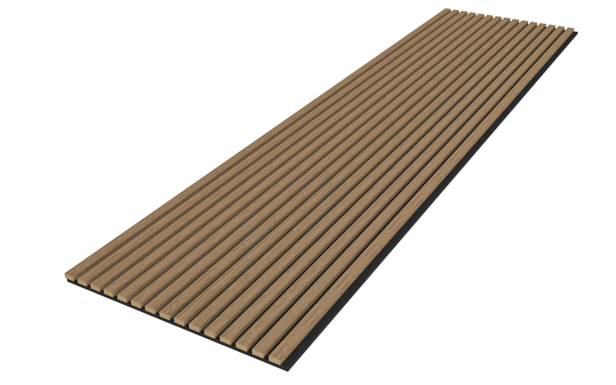 Het Akupanel Eiken Mokka 270 x 60 cm Lattenwand Akoestische toverstokpanelen is een rechthoekig houten paneel met gelijkmatig verdeelde, parallelle groeven in de lengte voor een geribbelde look, weergegeven tegen een witte achtergrond.