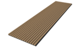 Het Akupanel Eiken Mokka 270 x 60 cm Lattenwand Akoestische toverstokpanelen is een rechthoekig houten paneel met gelijkmatig verdeelde, parallelle groeven in de lengte voor een geribbelde look, weergegeven tegen een witte achtergrond.