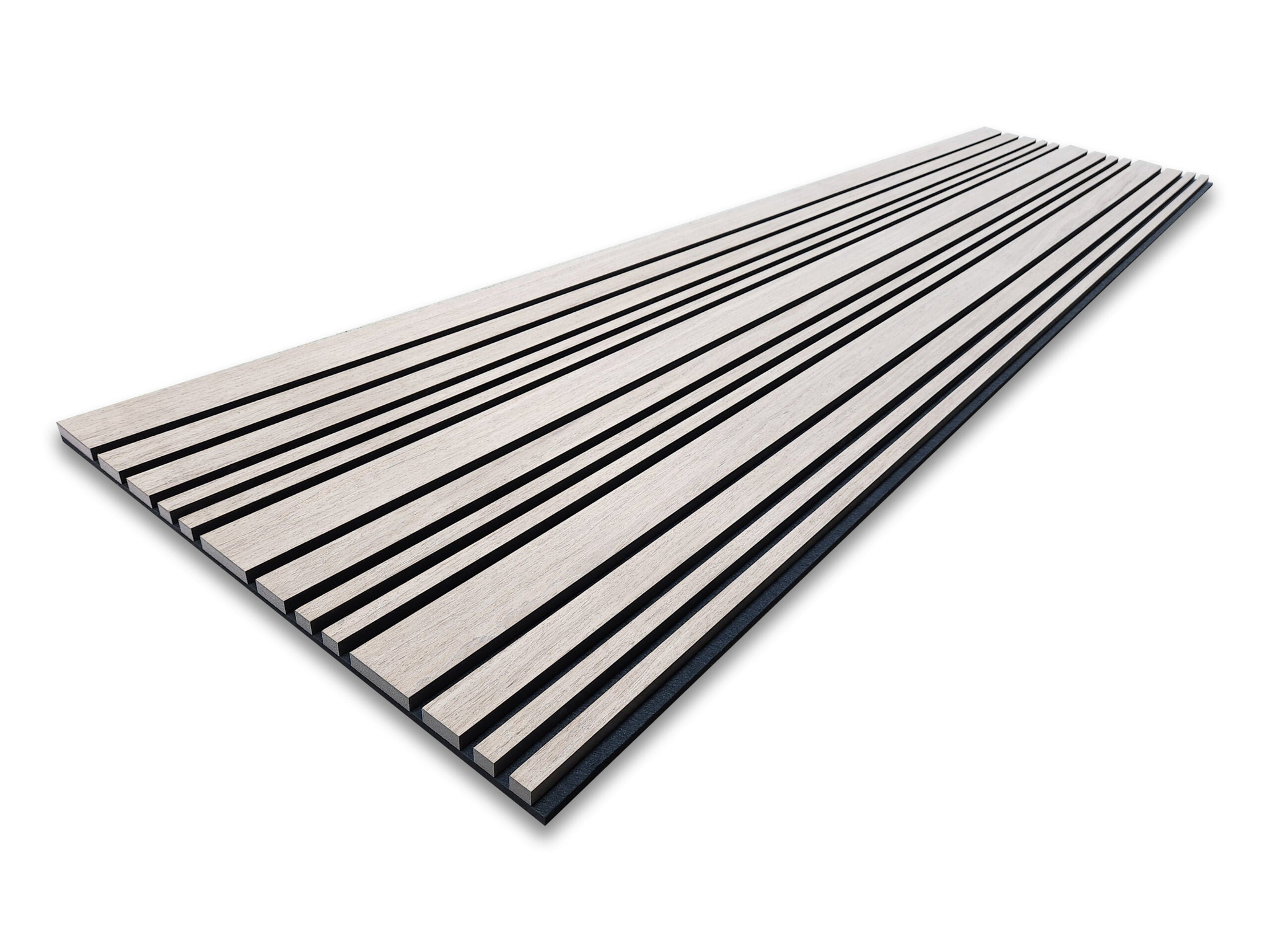 De Rosenwood Akupanel Akoestische Wandpanelen Latenwand Tripple Akupanelen 270 x 60 cm Natuurlijke eiken hebben afwisselend lichte en donkere latten in de lengte in een rechthoekig paneel, weergegeven op een witte achtergrond.