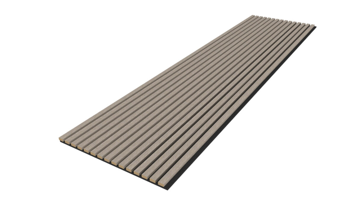 Het akoestische wandpaneel Rosenwood Akupanel Monza Visgraat Visgraat 270 x 60 cm heeft gelijkmatig verdeelde verticale houten latten in lichtbruin tegen een witte achtergrond.
