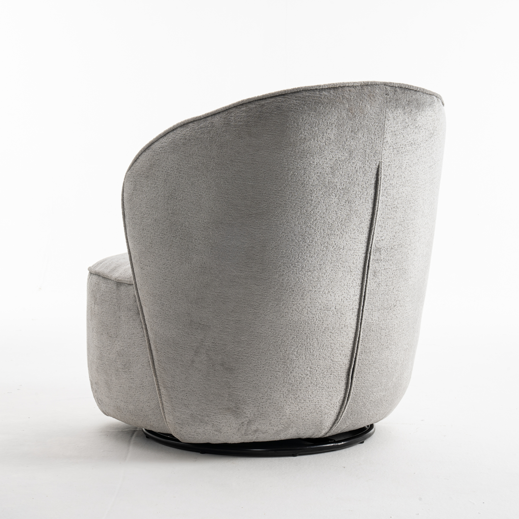 De Sammy Draaifauteuil Stof Loris #08 Grey is een moderne draaistoel met zachtgrijze stof, een gebogen rug en een strak ontwerp, van achteren afgebeeld tegen een effen witte achtergrond.
