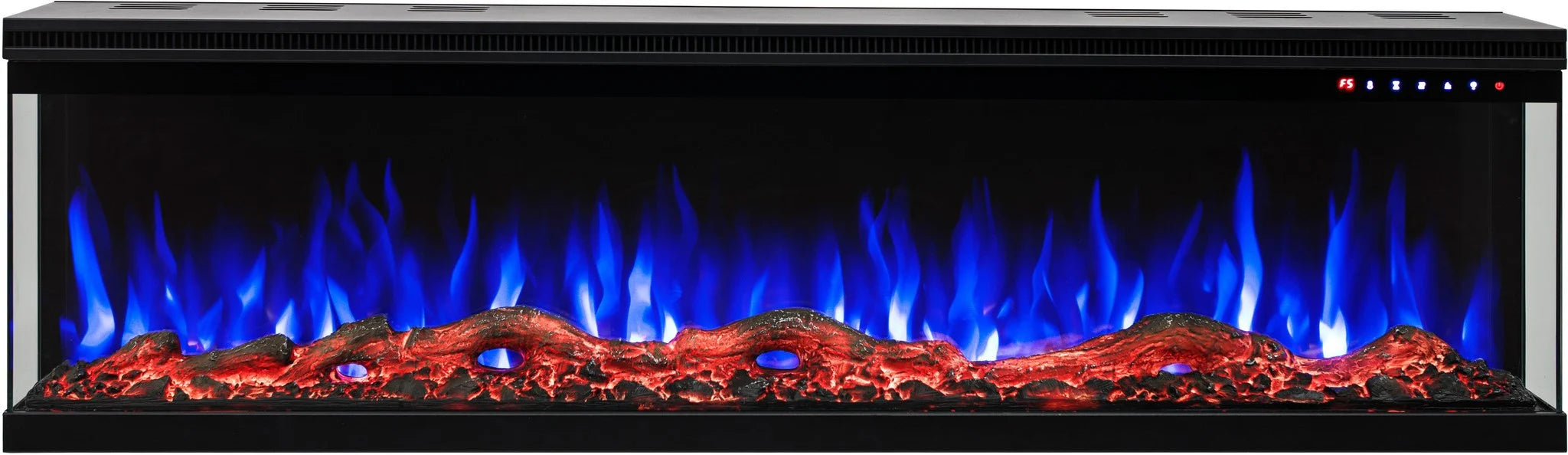 De Elektrische sfeerhaard Platina 3D is een rechthoekige, driezijdige elektrische haard met gloeiende rode sintels en blauwe vlammen, gezien vanaf de voorkant. De bedieningsknoppen bevinden zich in de rechterbovenhoek van het toestel.