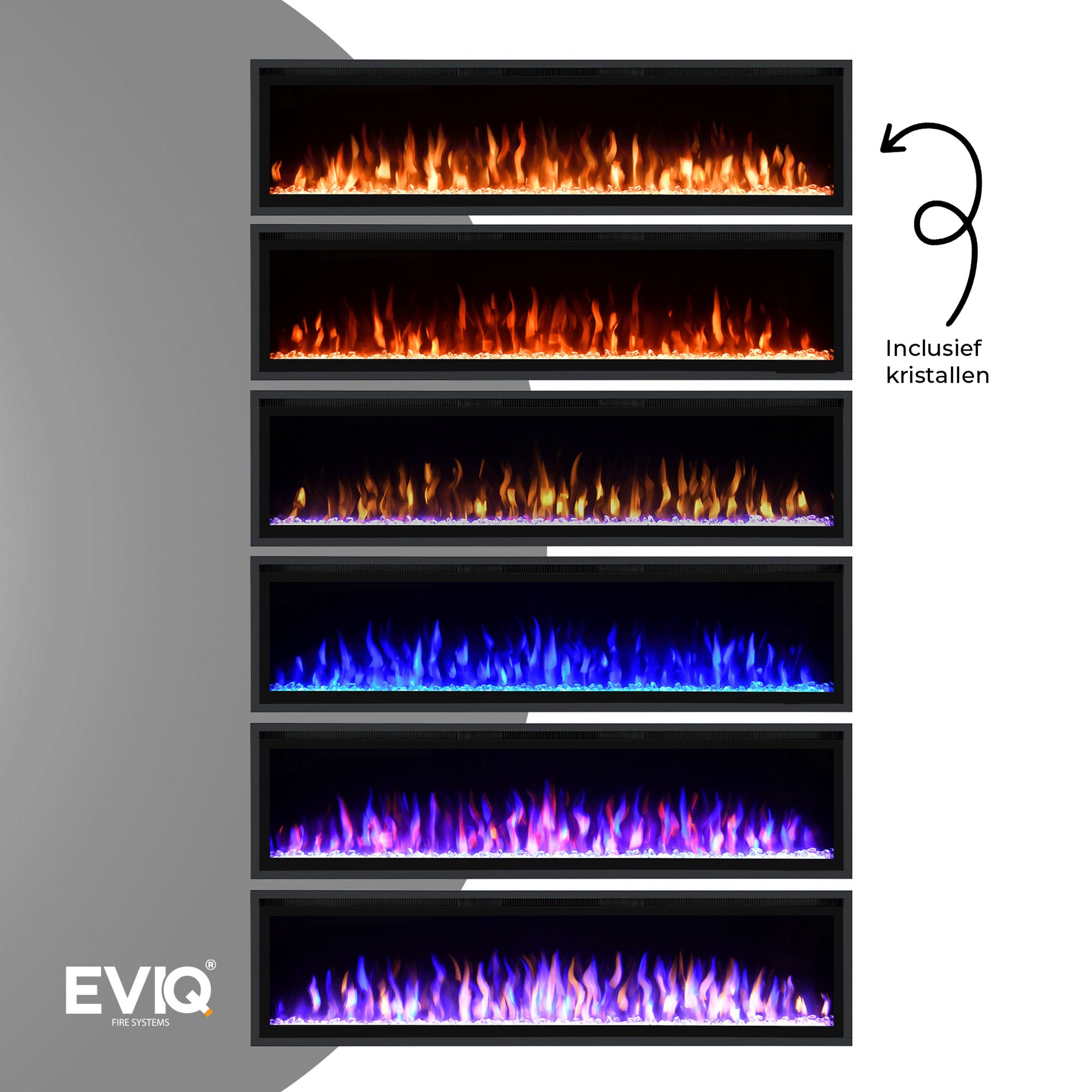 Vijf horizontale Elektrische sfeerhaarden Royal Paris inbouwhaarden tonen oranje, gele, paarse, blauwe en gemengde vlammen. Een pijl wijst naar de tekst "Inclusief kristallen. Het EVIQ logo staat in de linker benedenhoek.