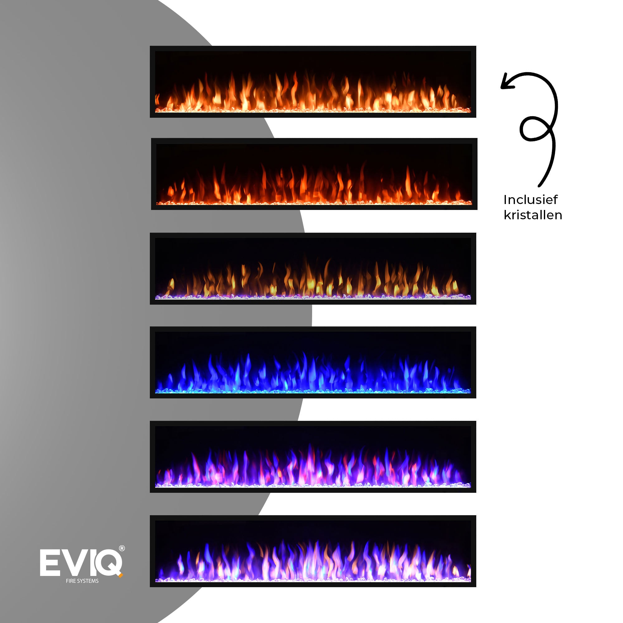 Vijf rechthoekige Elektrische sfeerhaarden Deluxe - Inbouwhaard tonen vlammen in oranje, geel, blauw en paars. Een pijl wijst naar rechts met de tekst "Inclusief kristallen". Het EVIQ-logo verschijnt links onderaan.