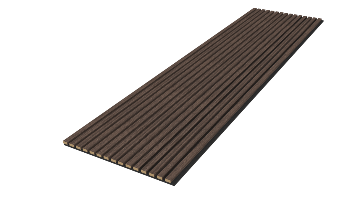 De Akupanel Eiken Donkere Walnoot 270 x 60 cm Lattenwand akoestische wandpanelen is een lang, rechthoekig houten paneel met gelijkmatig verdeelde smalle groeven, afgebeeld tegen een effen witte achtergrond.