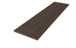 De Akupanel Eiken Donkere Walnoot 270 x 60 cm Lattenwand akoestische wandpanelen is een lang, rechthoekig houten paneel met gelijkmatig verdeelde smalle groeven, afgebeeld tegen een effen witte achtergrond.