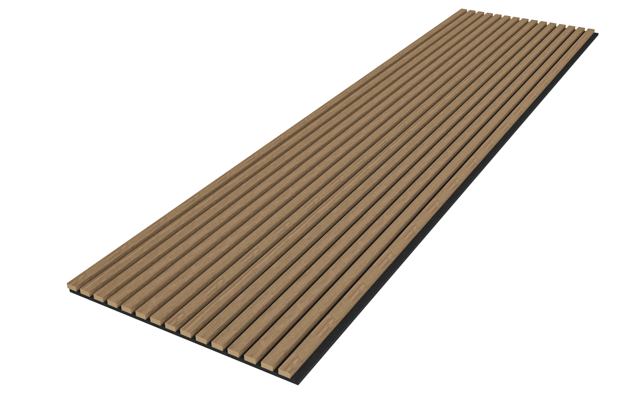 Het Akupanel Eiken Mokka 260 x 60 cm Lattenwand Akoestische toverstokpanelen is een rechthoekig houten paneel met gelijkmatig verdeelde verticale groeven tegen een witte achtergrond.