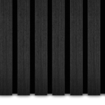 De Akupanel Eiken Zwart 60 x 60 cm Lattenwand Akoestische wandpanelen hebben gelijkmatig verdeelde verticale donkere houten latten op een zwarte achtergrond, waardoor een gestreept ontwerp ontstaat met contrasterende texturen en tinten.