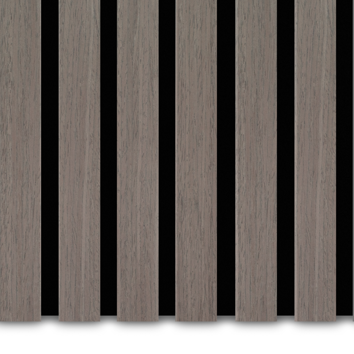 De Akupanel Eiken Walnoot 60 x 60 cm Lattenwand Akoestische wandpanelen hebben gelijkmatig verdeelde verticale houten latten op een effen zwarte achtergrond, wat een moderne gestreepte look geeft.