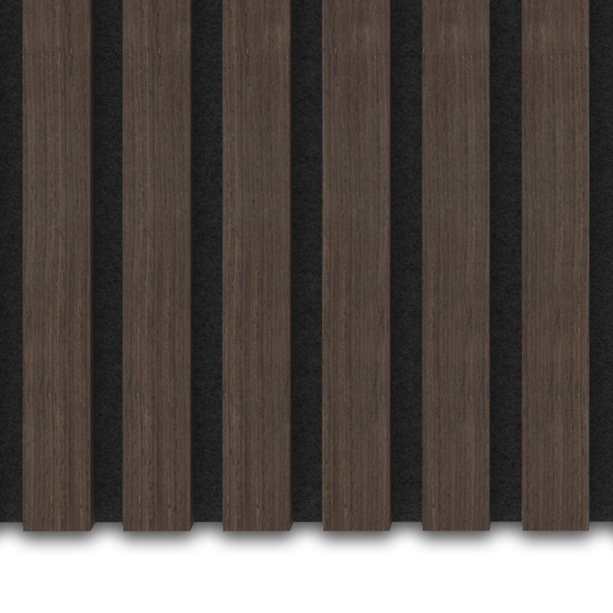 De Akupanel Eiken Donkere Walnoot 270 x 60 cm Lattenwand Akoestische wandpanelen hebben gelijkmatig verdeelde verticale donkerbruine houten latten op een zwarte achtergrond, waardoor een modern gestreept paneelontwerp ontstaat.