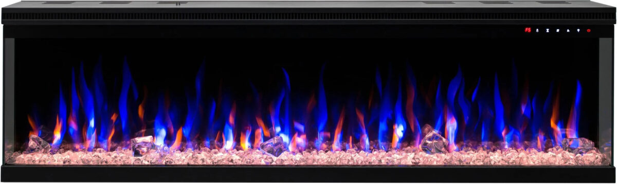 De Elektrische sfeerhaard Platina 3D is een strakke zwarte, 3-zijdige elektrische haard met blauwe en oranje vlammen boven heldere kristallen. De bedieningsknoppen zitten rechtsboven.