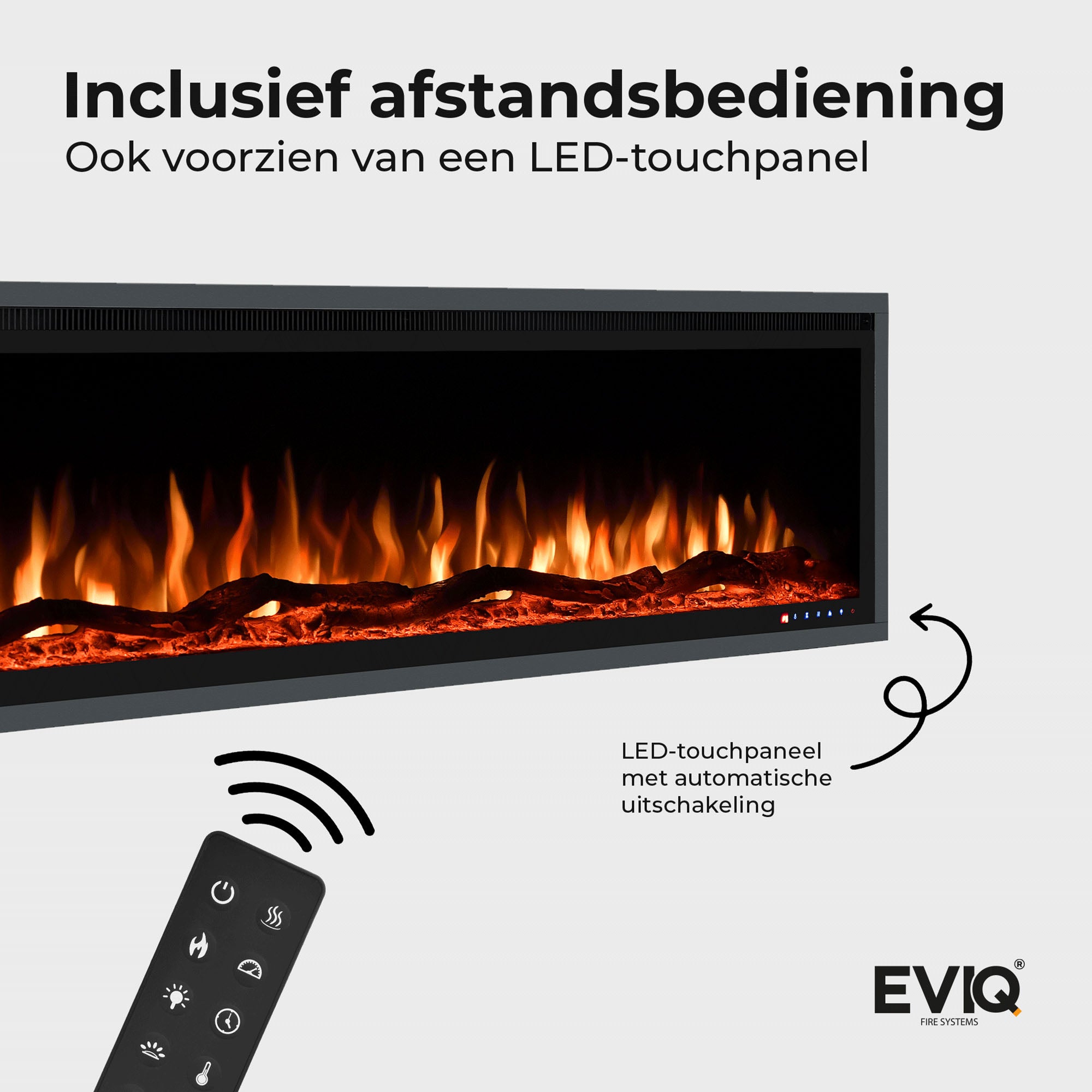 De Elektrische sfeerhaard Royal Paris - Inbouwhaard heeft realistische vlammen, een meegeleverde afstandsbediening en een LED-touchpanel. Tekst in het Nederlands benadrukt: "Inclusief afstandsbediening" en "Voorzien van LED-touchpanel.