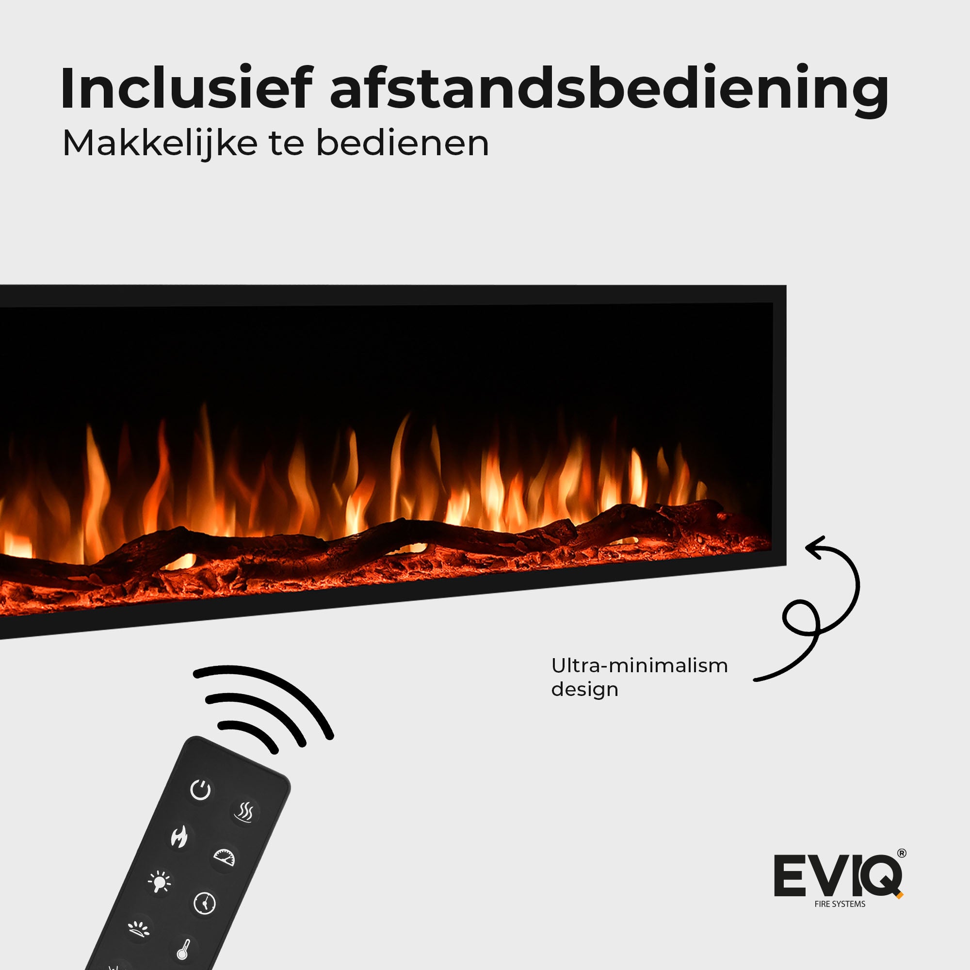 De Elektrische sfeerhaard Deluxe - Inbouwhaard is een rechthoekige wandhaard met realistisch vlameffect en minimalistisch design, afgebeeld met zwarte afstandsbediening. Rechts onderin het EVIQ Fire Systems-logo. Afstandsbediening inbegrepen.