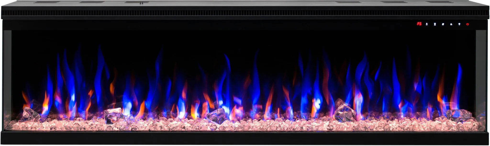 De Elektrische sfeerhaard Platina 3D - 3 zijdige haard heeft een slank zwart frame, blauwe en oranje LED vlammen boven heldere kristallen en bedieningsknoppen in de rechterbovenhoek.