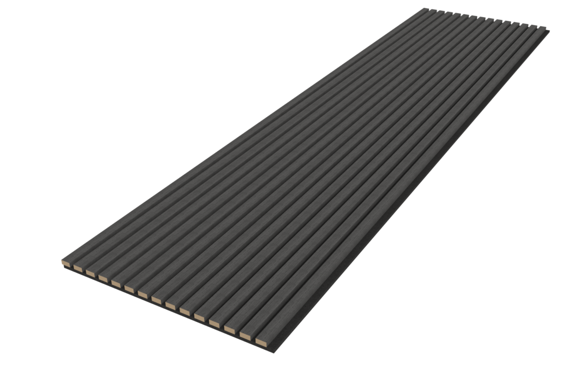 Het Akupanel Eiken Zwart 270 x 60 cm Lattenwand akoestisch wandpaneel is een lang, rechthoekig zwart paneel met gelijkmatig verdeelde verticale groeven tegen een transparante achtergrond.