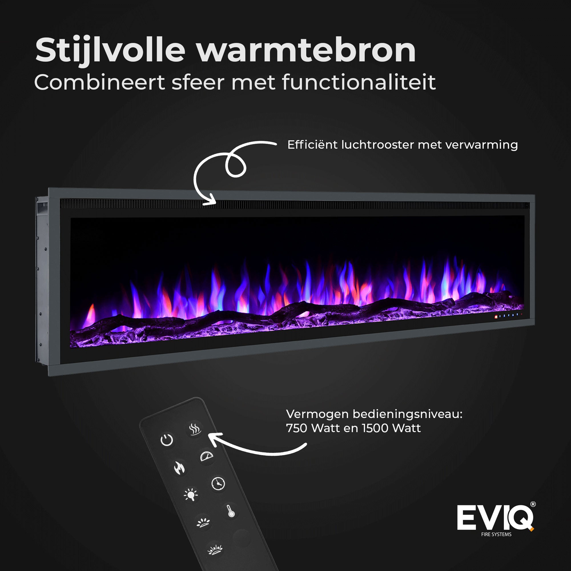 De Elektrische sfeerhaard Royal Paris - Inbouwhaard heeft moderne paarse en blauwe vlammen, een afstandsbediening, efficiënte verwarming met 750W/1500W vermogensopties en een stijlvol EVIQ ontwerp.