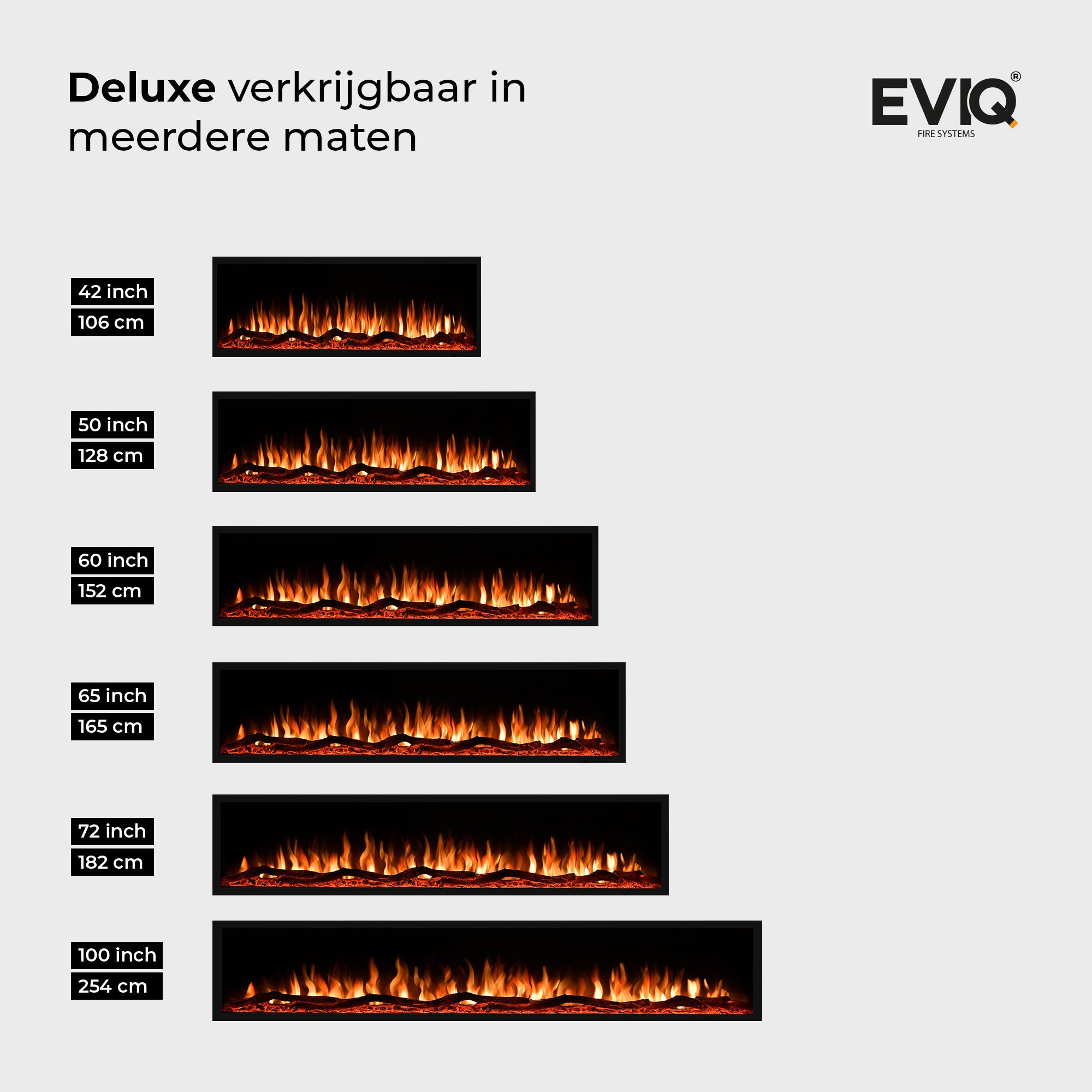 Een grafiek toont zes maten van de Elektrische sfeerhaard Deluxe - Inbouwhaard, met oranje vlammen, variërend van 42 inch (106 cm) tot 100 inch (254 cm), elke maat duidelijk gelabeld in inches en centimeters op een lichte achtergrond.