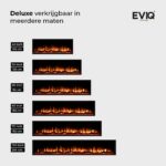Een tabel met zes Elektrische sfeerhaard Deluxe - Inbouwhaard modellen in oplopende maten met afmetingen (inch/cm), onder de Nederlandse titel "Deluxe verkrijgbaar in meerdere maten" en het EVIQ logo rechtsboven.