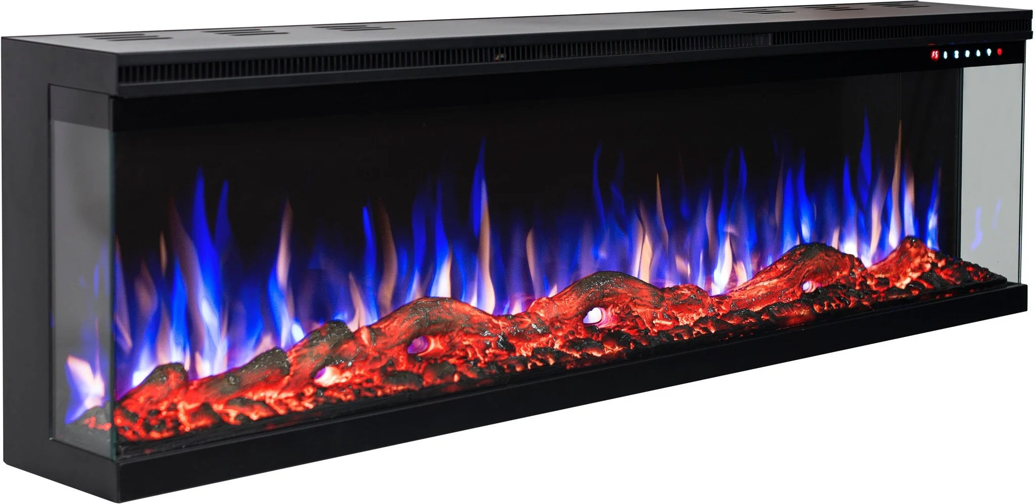 De Elektrische sfeerhaard Platina 3D - 3 zijdige haard heeft een modern zwart frame, helder glazen voorkant, gloeiende houtblokken en sintels, plus realistische rode en blauwe vlammen voor een opvallend elektrisch openhaard effect.