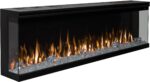 De Elektrische sfeerhaard Platina 3D - 3 zijdige haard heeft een modern zwart frame, glazen zijkanten en realistische geeloranje vlammen boven heldere kristallen voor een elegante sfeer.