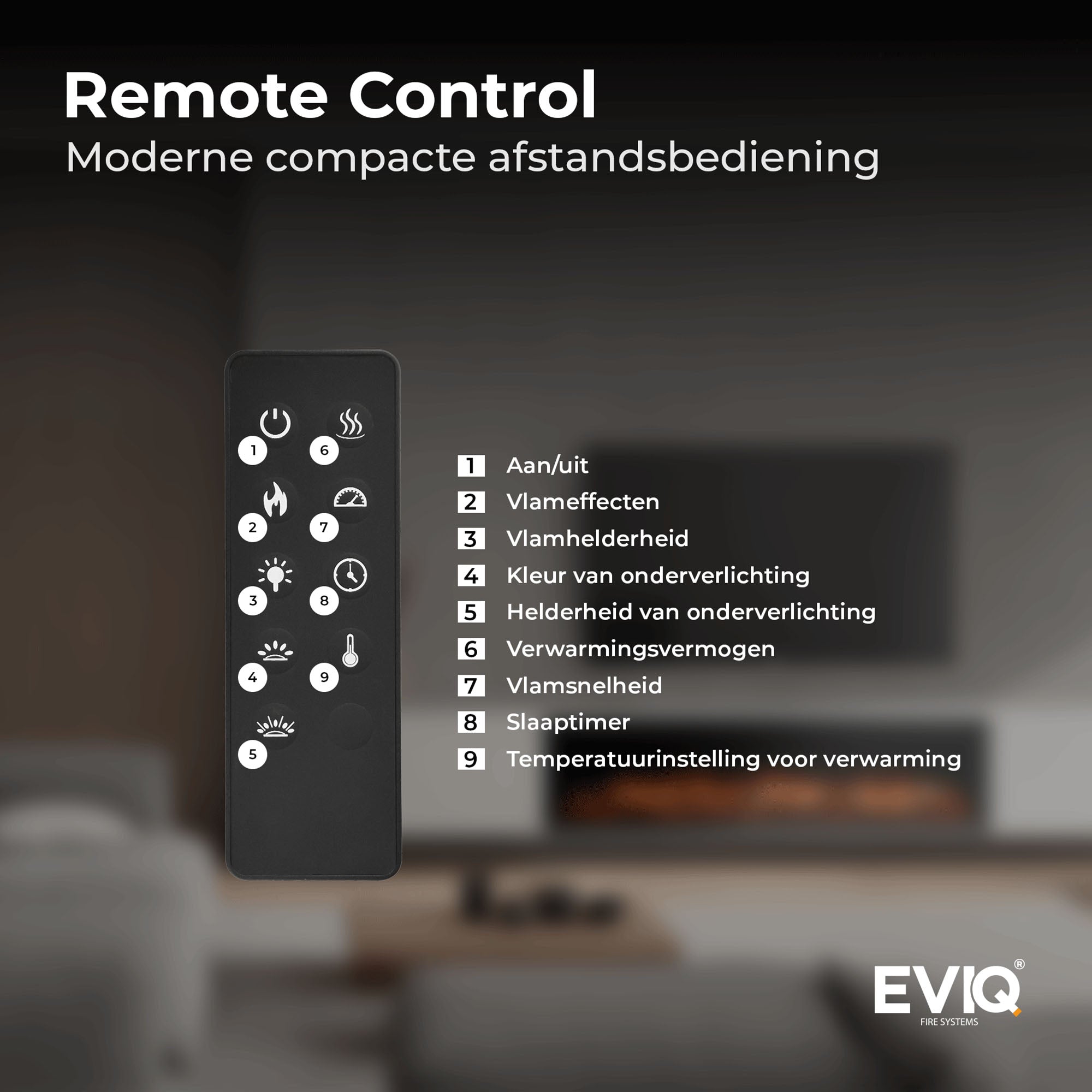Een moderne, compacte zwarte afstandsbediening voor de Elektrische sfeerhaard Royal Paris - Inbouwhaard wordt getoond met genummerde knoppen en een Nederlandse toets die elke functie uitlegt, op een onscherpe achtergrond. Het EVIQ-logo verschijnt rechtsonder.