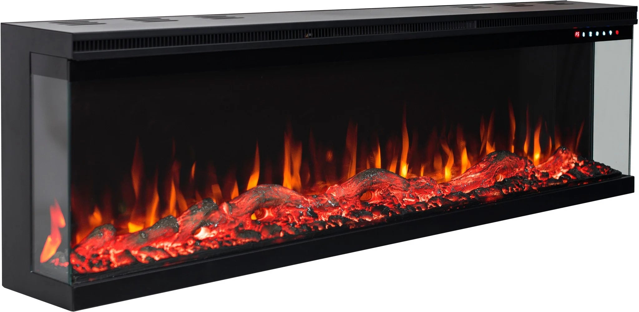 De Elektrische sfeerhaard Platina 3D - 3 zijdige haard is een moderne elektrische wandhaard met levensechte rode en oranje vlammen, een zwart frame en transparante glazen zijpanelen.