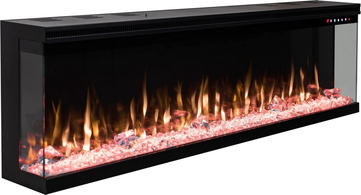 De Elektrische sfeerhaard Platina 3D is een moderne, rechthoekige elektrische haard met een zwart frame, realistische geeloranje vlammen en glazen kristallen langs de onderkant, afgebeeld tegen een witte achtergrond.