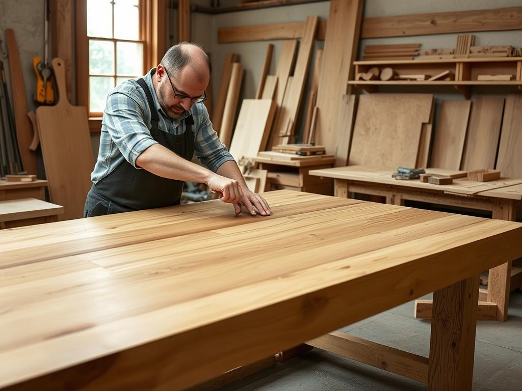 Ambachtelijke meubelmaker werkt aan een massief houten tafel, voorbeeld van beste kwaliteit meubels Ambachtelijke meubelmaker werkt aan een massief houten tafel, voorbeeld van beste kwaliteit meubels