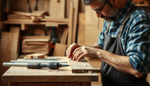 Ambachtsman die zorgvuldig aan een houten meubel werkt, illustreert waarom zijn meubels zo duur