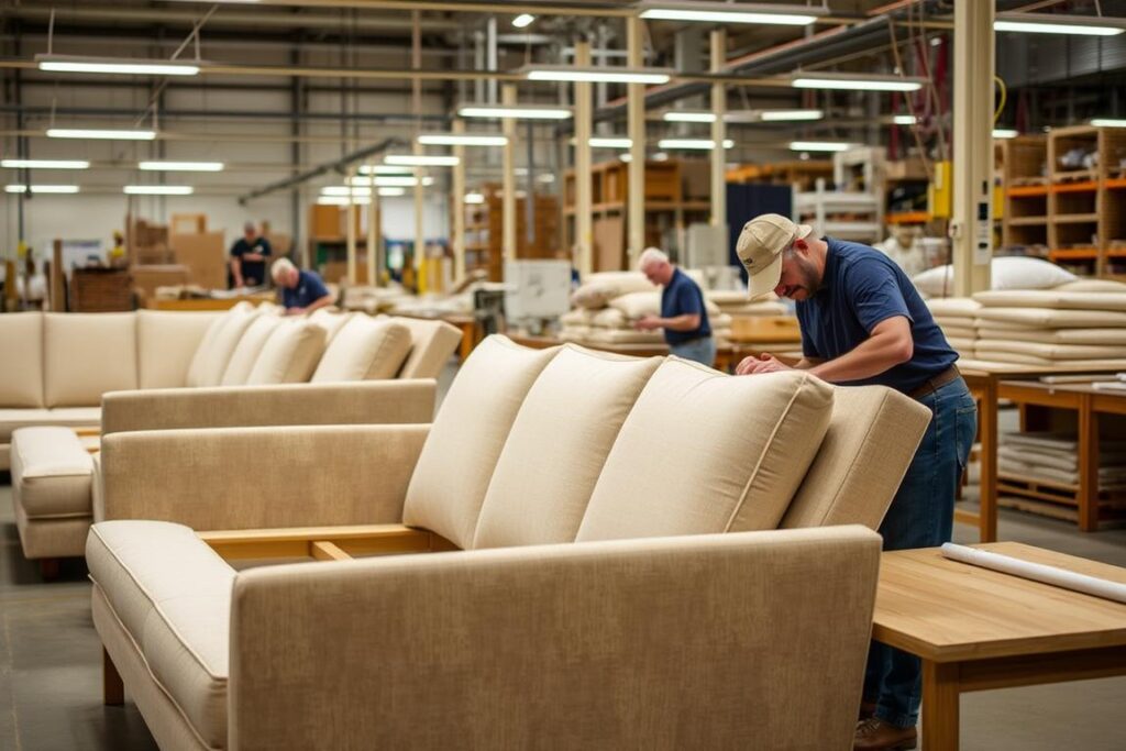 Amerikaanse meubelmakers die gestoffeerde banken maken voor Crate and Barrel in North Carolina Amerikaanse meubelmakers die gestoffeerde banken maken voor Crate and Barrel in North Carolina