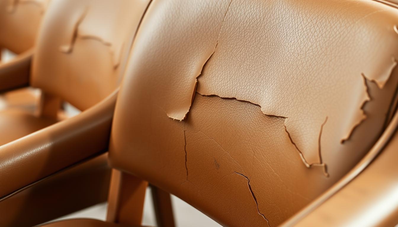 Bladderende leren eetkamerstoelen met zichtbare schade aan de oppervlakte