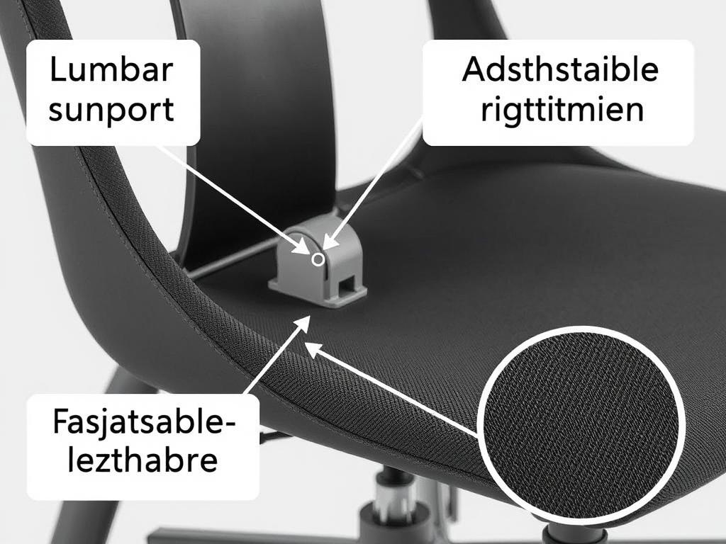 Close-up van de ergonomische eigenschappen van een eetkamerstoel met lumbaale ondersteuning Close-up van de ergonomische eigenschappen van een eetkamerstoel met lumbaale ondersteuning