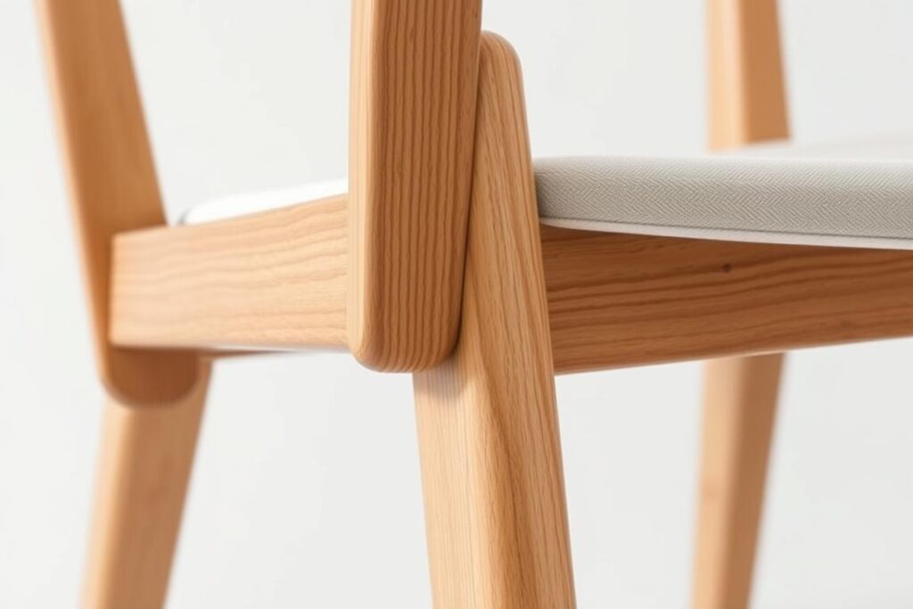 Close-up van minimalistische eetkamerstoel met details van materialen en verbindingen Close-up van minimalistische eetkamerstoel met details van materialen en verbindingen