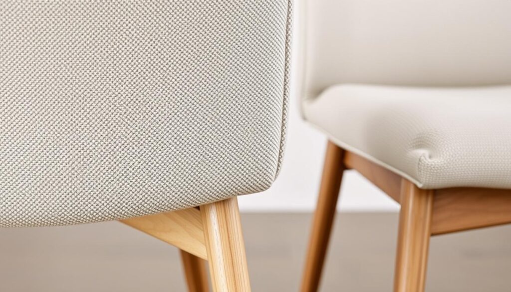 Close-up van stofferingsdetails op minimalistische eetkamerstoelen in bouclé en linnen Close-up van stofferingsdetails op minimalistische eetkamerstoelen in bouclé en linnen